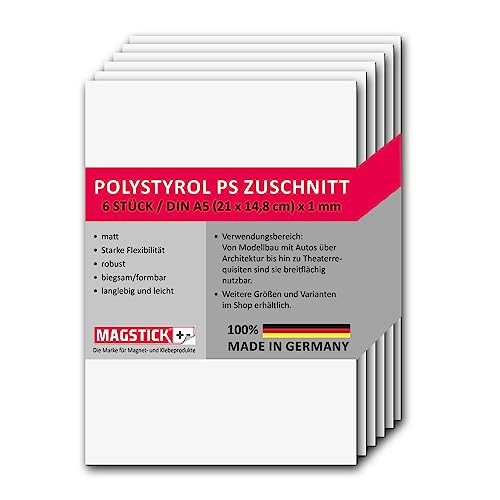 6er Set Polystyrol Platten weiß I DIN A5 Kunststoff-Hartplatten PS Zuschnitte I 14,8 x 21 cm I 1 mm Stärke I für Modellbau Architektur DIY I mag260 von Magstick