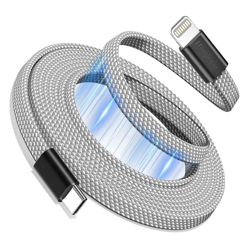 Magtame Magnetic USB C to Lightning Kabel Coiled, 1M MFi zertifiziertes Ladegerät Kabel Schnellladung PD 3.0, flaches einziehbares Kabel geflochten Kompatibel mit Phone 14 13 12 11 Pro Max XR XS X von Magtame