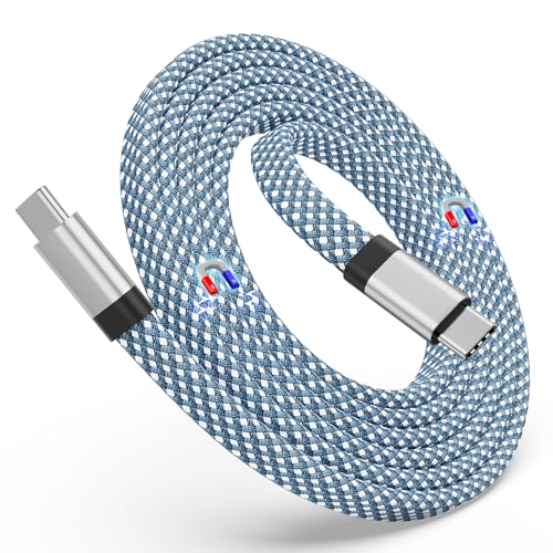Magtame USB C Kabel, Magnetisches USB C auf USB C Kabel 60W(3A), 1.5M Spiralkabel USB C, Flaches Nylon geflochtenes Typ C Schnellladekabel Kompatibel für USB C Gerät für Pad für Samsung Galaxy, Blau von Magtame