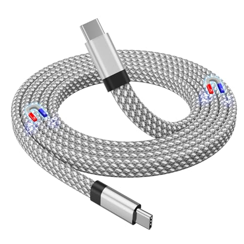 Magtame USB C Kabel, Magnetisches USB C zu USB C Kabel 60W(3A), Flaches Gewendeltes USB C Kabel 1M, Nylon geflochtenes Typ C Schnellladekabel kompatibel für USB C Gerät für Pad für Samsung, Silber von Magtame
