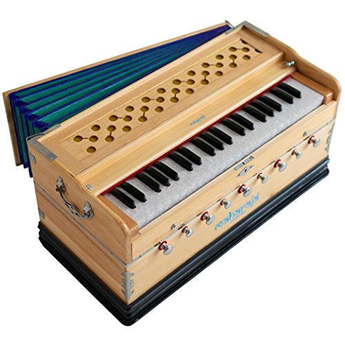 Harmonium von Maharaja Musicals, in USA, 9 Blenden, 3 1/2 Oktave, Doppelblatt, Koppler, natürliche Farbe, Standard, gepolsterte Tasche, A440 gestimmt, Musikinstrument Indian Sangeeta (PDI-ABG) von Maharaja Musicals