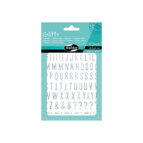 Maildor AE071O Glitty Packung Stickers (mit 228 Stickers, 2 Bögen in Format DIN A6, 10, 5 x 16cm, ideal für Kinder ab 2 Jahren, Buchstabe und Zahlen) 1 Pack silber von Maildor