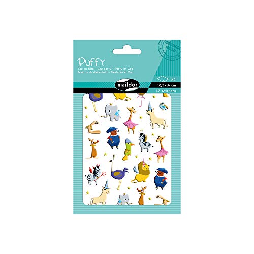 Maildor AE145C Puffy Packung (3D-Stickers , 1 Bogen in Format DIN A6, 10, 5 x 16cm, 37 Stickers, Zoo Party) 1 Pack von Maildor
