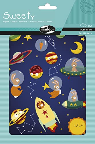 Maildor AE224C - Packung mit 2 Bogen Sweety Stickers, 14,8x21cm, ideal für DIY-Projekte, 1 Pack, Weltraum von Maildor