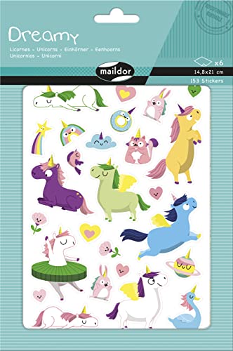 Maildor AE231C - Packung mit 6 Bögen Stickers Dreamy in Format DIN A5, 14, 8 x 21cm, ideal für Kinder ab 2 Jahren, Einhorn, 1 Pack von Maildor