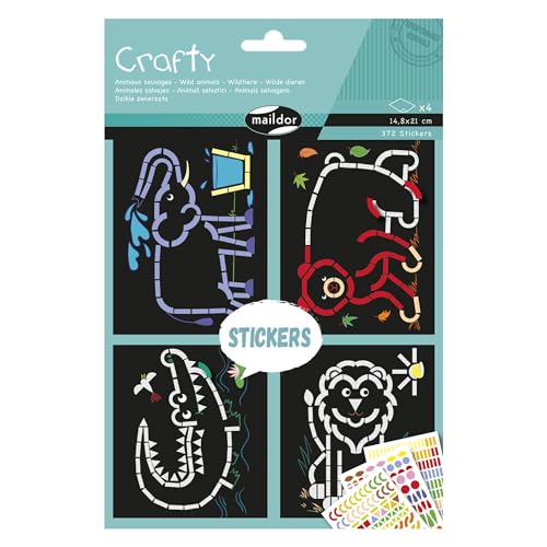 Maildor AF037C - Kreativset Crafty mit 4 Bogen 14,8x21 cm, Hintergrund Schwarz, Wildtiere + 3 Bogen geometrische Motiven, 1 Set von Maildor