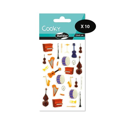 Maildor CY079Cpack - Packung mit 10 Bögen 3D Sticker Cooky - Aufkleber, 7,5x12cm, Musikinstrument, 300 Stickers, 1 Pack von Maildor