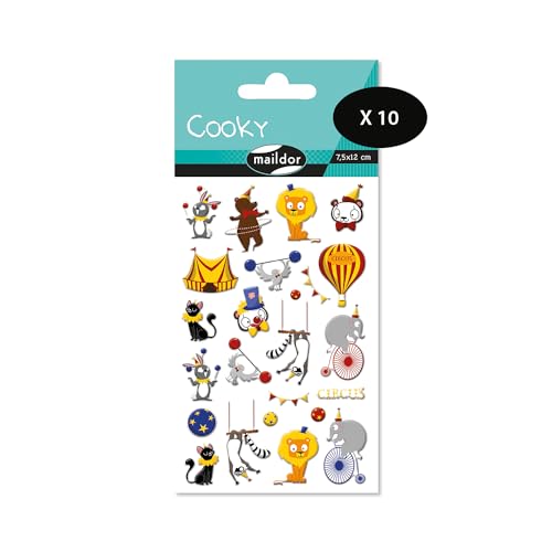 Maildor CY139Cpack - Packung mit 10 Bögen 3D Sticker Cooky - Aufkleber, 7,5x12cm, Zirkus, 250 Stickers, 1 Pack von Maildor