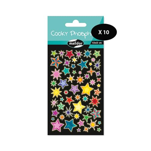 Maildor CY161Cpack - Packung mit 10 Bögen 3D Sticker Cooky Phospho - Aufkleber, 7,5x12cm, phosphoreszierend, Sterne, 570 Stickers, 1 Pack von Maildor