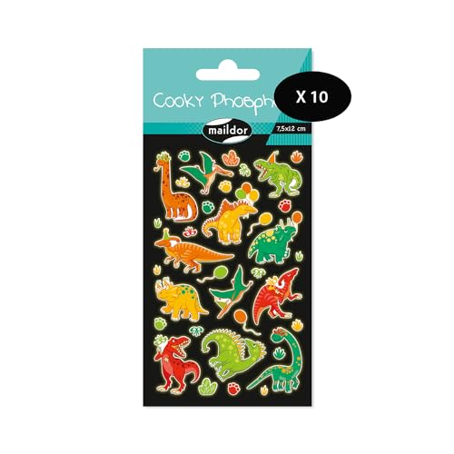 Maildor CY165Cpack - Packung mit 10 Bögen 3D Sticker Cooky Phospho/Aufkleber, 7,5x12cm, phosphoreszierend, Dino, 350 Stickers, 1 Pack von Maildor