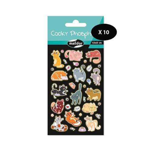 Maildor CY169Cpack - Packung mit 10 Bögen 3D Sticker Cooky Phospho - Aufkleber, 7,5x12cm, phosphoreszierend, Katzen, 360 Stickers, 1 Pack von Maildor