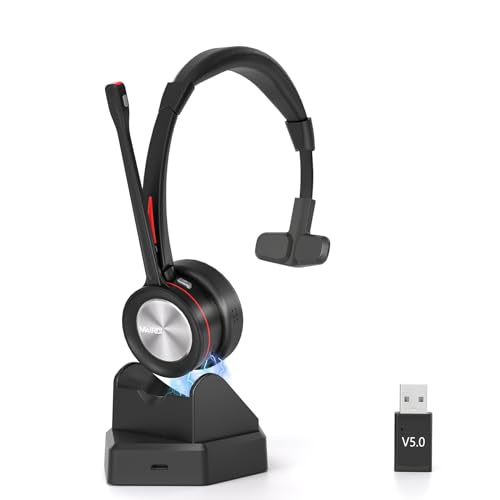 Mairdi Bluetooth 5.2 Headset mit Mikrofon Noise Canceling, Wireless Headset mit Ladestation, mit USB Bluetooth Adapter für PC Call-Center, Handy, Büro, Zoom, Microsoft Team, Skype Chat, Black von Mairdi