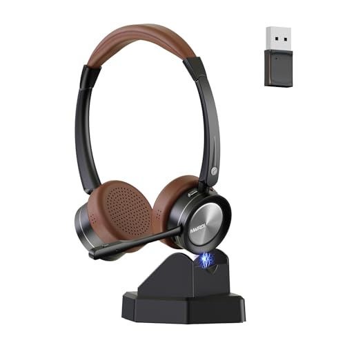 Mairdi Bluetooth Headset mit Mikrofon Noise Canceling, Stereo Wireless Headset mit Ladestation, mit USB Bluetooth Adapter für Handy PC Call-Center Büro Zoom Microsoft Team Skype Chat von Mairdi