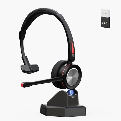 Mairdi Wireless Headset mit Mikrofon für PC, 5.2 Bluetooth Headset mit Ladestation & USB für Büro Laptop Handy, Kabelloses Headset für CallCenter Videokonferenz Microsoft Teams Skype Zoom von Mairdi