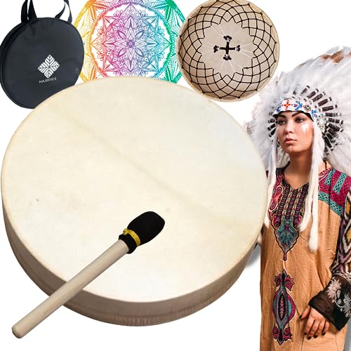 Schamanische Trommel aus Holz und Ziegenfell 30 cm, handgefertigt, für Schamanische Rituale und Meditation + Schlägel Schamanische Trommel aus Holz und Ziegenfell 30 cm, handgefertigt, für Schamanische Rituale und Meditation + Schlägel von Majestic's