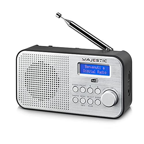 Majestic RT 194 DAB - Tragbares DAB/DAB+/FM LCD-Display, wiederaufladbarer Akku, Kopfhörerausgang, Zwei Alarme und DREI Klingeltöne, schwarz von Majestic