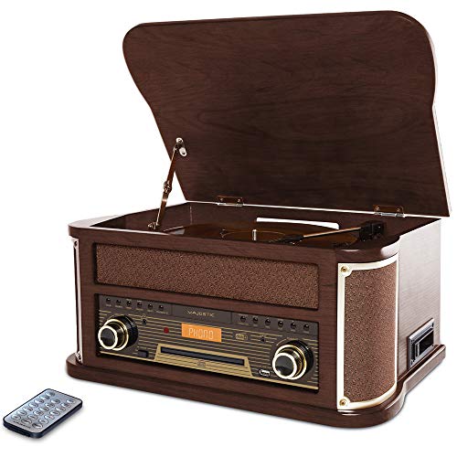 Majestic TT 47 DAB Plattenspieler (33/45/78 U/min, Bluetooth, DAB+ und FM-Radio, CD/MP3-Player, USB-Eingang, Kassette, Fernbedienung) braun von Majestic