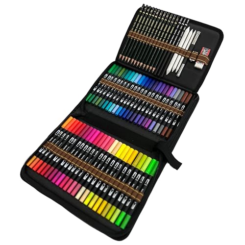 Filzstifte Set, 48 Dual Tip Pinsel Stifte Kunst Marker, Pinsel Spitze Stifte und Fineliner mit Skizzierstifte Zeichensets,Bleistift Set für bleistiftzeichnungen,Ideal zum Malen von Majoart