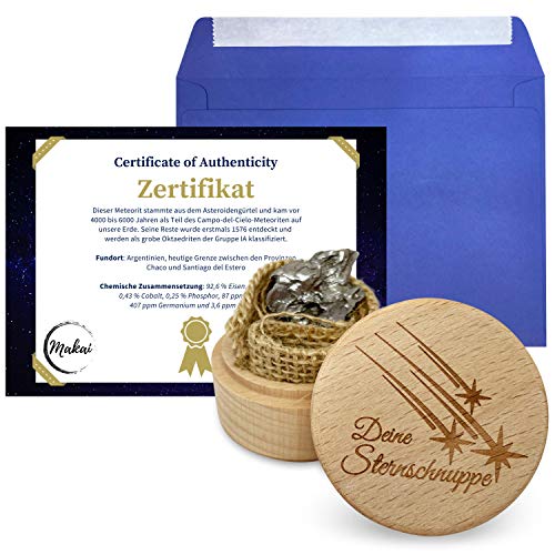 Makai echter Meteorit Sternschnuppe mit Echtheits-Zertifikat Geschenkkarte Box individueller personalisierbarer Karte mit Widmung (mit Holzbox und Zertifikat) von Makai