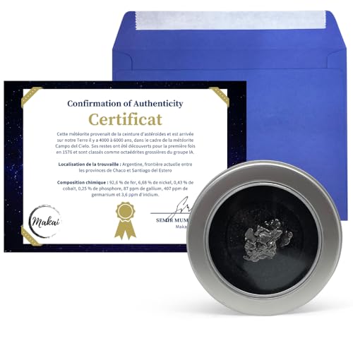Makai echter Meteorit Sternschnuppe mit Echtheits-Zertifikat Geschenkkarte Box individueller personalisierbarer Karte mit Widmung (runde Box mit personalisierbarem Zertifikat) von Makai