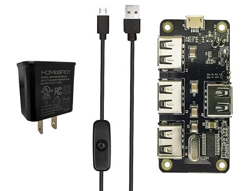 MakerSpot USB-Hub mit 4 Anschlüssen, stapelbar, für Raspberry Pi Zero W V1.3 & Pi Zero W/2 W, mit 2,4 A Netzteil und 1,5 m Micro-USB-Kabel mit Ein-/Ausschalter von MakerSpot