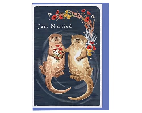 Making Meadows Just Married Karte für Paare, Otter und Blumendesign, mit blauem Umschlag, bedruckt und verpackt in Großbritannien (16,8 x 11,5 cm) von Making Meadows