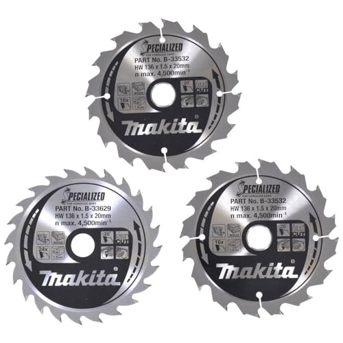 Makita B-33897 Specialized für Akku-Sägen Kreissägeblatt-Set 3-teilig 136 x 20 mm, 2x 16 Zähne (Schnittbreite 1,5 mm), 1x 24 Zähne (Schnittbreite 1,5 mm), saubere Längs- und Querschnitte von Makita