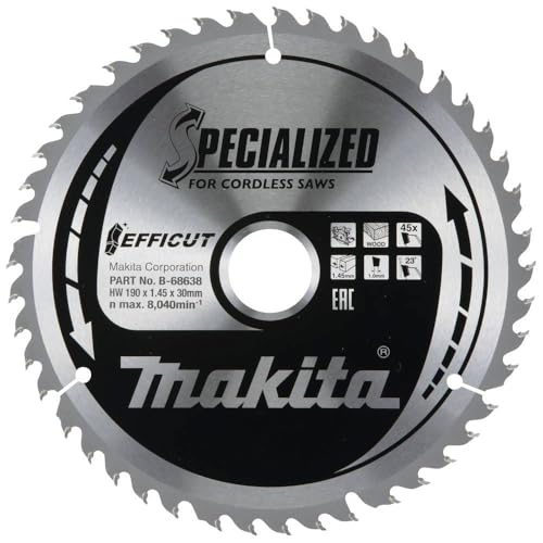 Makita Sägeblatt Efficut Holz für Akku-Handkreissäge (190 x 1,45 x 30 mm, 45 Zähne) B-68638 von Makita