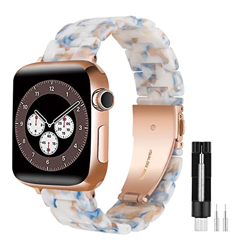 Makleffe Kompatibel mit Apple Watch Armband 49mm 45mm 44mm 42mm 38mm 40mm 41mm, Herren Damen Harz Ersatzarmband mit Edelstahl Schnalle Uhrarmband für Series 8/7/6/5/4/3/2/1/SE(Weiß/Blau,42/44mm) von Makleffe