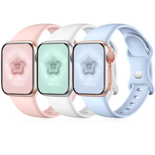 Maledan 3 Stück Armband Kompatibel mit Apple Watch Armband 44mm 42mm 40mm 38mm 41mm 45mm 49mm, Weiche Silikon Band für iWatch Series 8 Ultra 7 6 5 4 3 SE, 38mm/40mm/41mm-M/L, Lila/Weiß/Rosa von Maledan