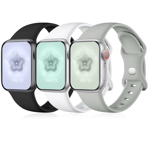 Maledan 3 Stück Armband Kompatibel mit Apple Watch Armband 44mm 42mm 40mm 38mm 41mm 45mm 49mm, Weiche Silikon Band für iWatch Series 8 Ultra 7 6 5 4 3 SE, 38mm/40mm/41mm-S/M, Schwarz/Weiß/Grau von Maledan