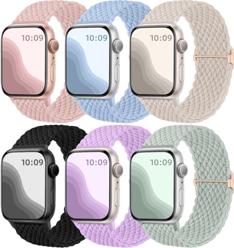 Maledan 6 Stück Geflochtenes Solo Loop Armband Kompatibel mit Apple Watch Armband 40mm 41mm 38mm Damen Herren, Elastisches Nylon Sport Dehnbarer Ersatzband für iWatch SE Series 9 8 7 6 5 4 3 2 1 Ultra von Maledan