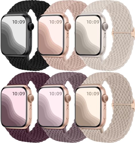 Maledan 6 Stück Geflochtenes Solo Loop Kompatibel mit Apple Watch Armband 44mm 45mm 42mm 49mm Damen Herren, Elastisches Nylon Sport Dehnbarer Ersatzarmband für iWatch SE Series 9 8 7 6 5 4 3 2 1 Ultra von Maledan