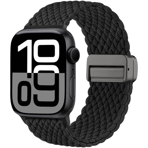 Maledan Geflochten Armband Kompatibel mit Apple Watch 40mm 41mm 38mm 42mm(Series 10), Solo Loop Nylon Magnetisch Armband für iWatch Series 10 9 8 7 6 5 4 3 2 1 SE Ultra, Schwarz von Maledan
