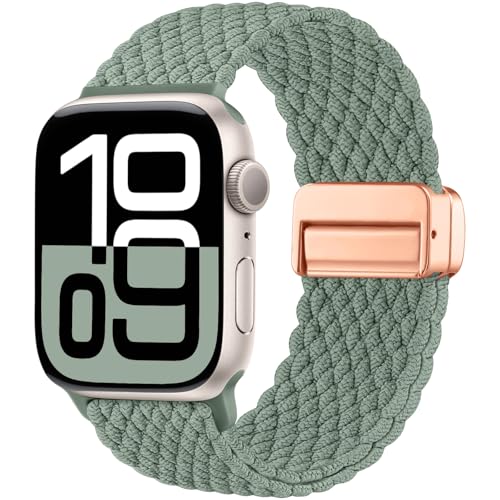 Maledan Neuestes Geflochten Armband Kompatibel mit Apple Watch Armband 45mm 46mm 44mm 42mm(Series 3/2/1) 49mm, Solo Loop Magnetisch Armband für iWatch Series 10 9 8 7 6 5 4 3 2 1 SE Ultra, KieferGrün von Maledan