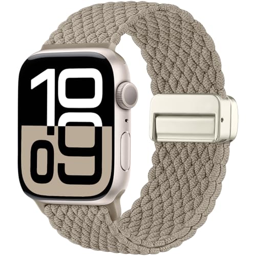 Maledan Neuestes Geflochten Armband Kompatibel mit Apple Watch Armband 45mm 46mm 44mm 42mm(Series 3/2/1) 49mm, Solo Loop Magnetisch Armband für iWatch Series 10 9 8 7 6 5 4 3 2 1 SE Ultra, Hellbraun von Maledan