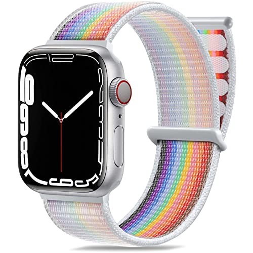 Maledan Nylon Armband Kompatibel mit Apple Watch Armband 44mm 38mm 42mm 40mm 41mm 45mm 49mm, Verstellbare Sport Armband Kompatibel mit iWatch Series 8 7 6 5 4 3 2 SE, 38mm/40mm/41mm, Regenbogen A von Maledan