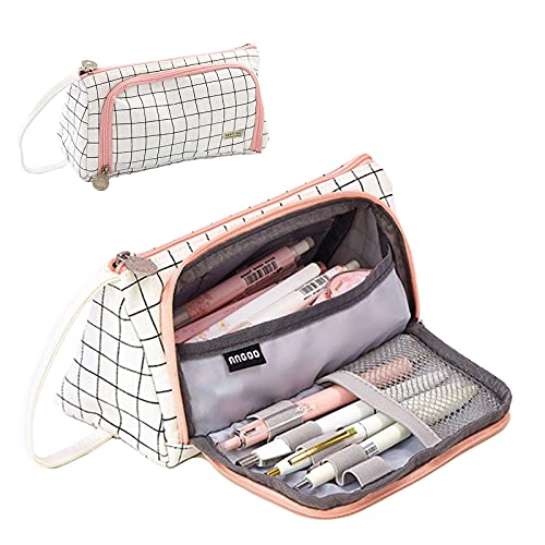 ManLee Federmäppchen Große Kapazität Mäppchen Mädchen Teenager Schreibwarenbeutel Federmäppchen Kariert Rosa 3 Fach Pencil Case Federmappe Federtasche für Studentin Bleistiftbeutel Etui Stifte von ManLee