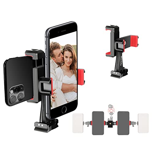 Manbily Handy Stativ Adapter Halterung Smartphone 360° Drehbar Dual Handyhalterung Doppelständer Selfie Stick Verstellbare Klemme 4 kalten Schuhen 1/4'' Schraube Vlog Live-Übertragung Video Aufnahme von Manbily