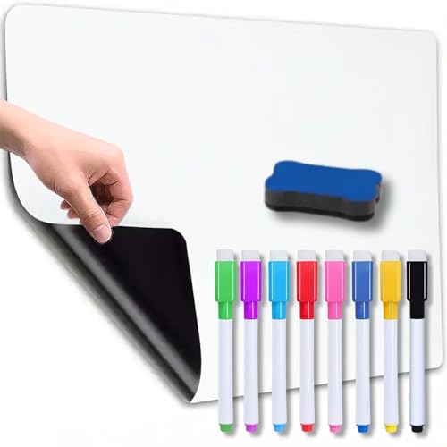 Selbstklebende weiße Tafel | 60 x 40 cm | + 8 magnetische Marker und Radierer | weiße magnetische Tafel für die Wand | löschbar | Whiteboard - Schneeschiefer. MandA® von MandA