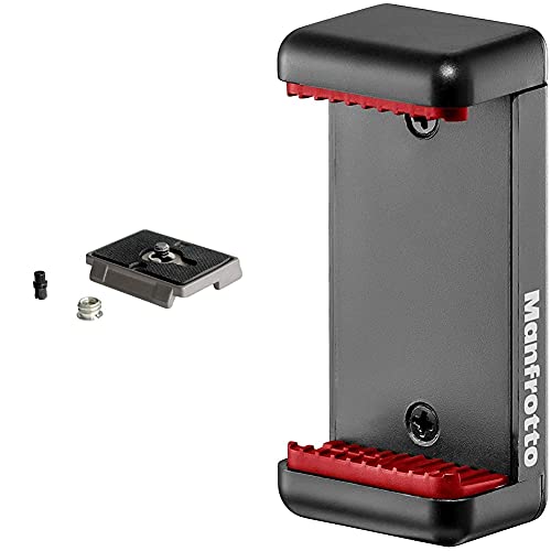 Manfrotto 200PL, Schnellwechselplatte mit 1/4 Zoll Schraube, kompatibel mit DSLR, kompakte Systemkamera, spiegellos, Mehrfarbig & MCLAMP Smartphone Halterung, schwarz von Manfrotto