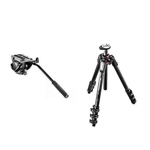 Manfrotto MVH500AH Kompakt Fluid Videoneiger (Inkl. flacher Basis (1/4 Zoll) und (3/8 Zoll) Gewinde) schwarz + Carbon Stativ mit 4 Segmenten, Kamerastativ, Fotozubehör von Manfrotto