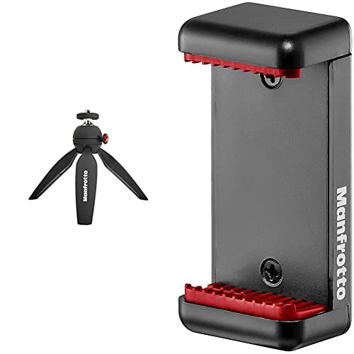 Manfrotto PIXI Tischstativ (Mini Stativ, Made in Italy, für Compact System Kamera und spiegellose Kameras bis 1Kg, Handgriff für Videos, MTPIXIMII-B), Schwarz & MCLAMP Smartphone Halterung, schwarz von Manfrotto