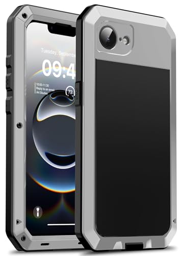 Mangix Metallhülle für iPhone 16E, gehärtetes Glas, luxuriöse Aluminiumlegierung, militärische Stoßstange, robuste Schutzhülle, Schutzhülle für Apple iPhone 16E 2025 (Silber) von Mangix
