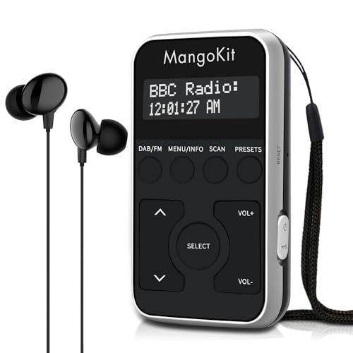 MangoKit MP1+ Pocket DAB Radio, persönliches FM-Radio, tragbares DAB+-Radio mit Kopfhörern, abschließbare Tasten, wiederaufladbarer Akku, 40 Sendervoreinstellungen, LCD-Display, Schwarz/Silber von MangoKit