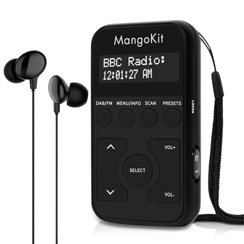 MangoKit MP1+ Pocket DAB Radio, persönliches FM-Radio, tragbares DAB+-Radio mit Kopfhörern, abschließbare Tasten, wiederaufladbarer Akku, 40 Sendervoreinstellungen, LCD-Display, Schwarz von MangoKit