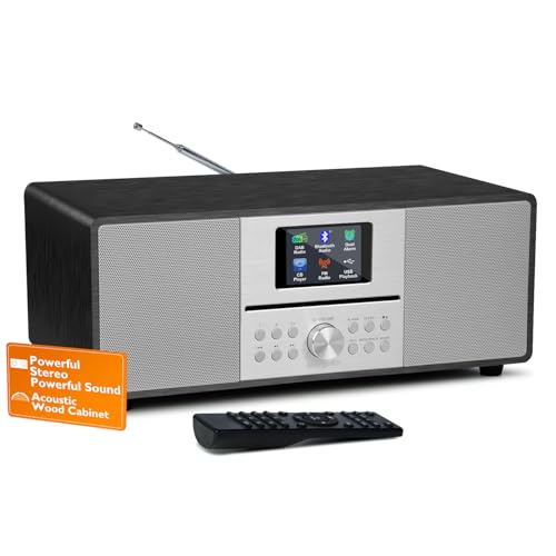 MangoKit MS4 CD Player DAB Radio HiFi System I Bluetooth I Stereoanlage Kompaktanlage I Akustisches Holzgehäuse I CD Player mit Lautsprechern I 40 Presets,Kopfhöreranschluss I Metallisch Schwarz von MangoKit