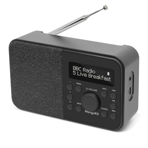 MangoKit Tragbares DAB+ Digitalradio und Küchen-FM-Radio, Bluetooth-Lautsprecher, Persönliches DAB-Radio mit Display, Alarm & Uhr, 40 Preset-Stationen, Kopfhörer, Batterien und Netzbetrieb -Schwarz von MangoKit