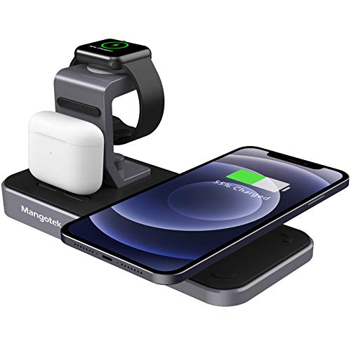 Kabelloses Ladegerät, 3 in 1 Kabellose Ladestation Apple Watch und iPhone, Kompatibel mit iPhone 15/14/13/12/11/Pro/Max/XS/XR/X/8/Plus, Apple Watch 7/6/5/4/3/2/SE, AirPods 3/2/Pro von Mangotek