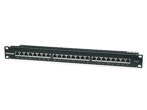 Intellinet 720038 24-Port Cat6 Patchpanel FTP 1 HE (Klemmleisten mit 90 Grad abgewinkelten Kabeleinführungen) geschirmt schwarz von Manhattan